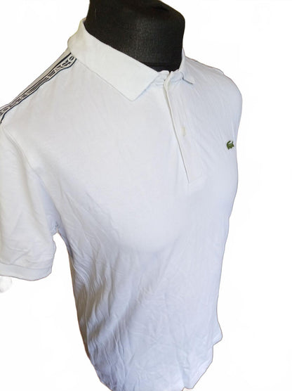 Lacoste White Polo Shirt with Logo Tape Trim - Size 4 - Medium