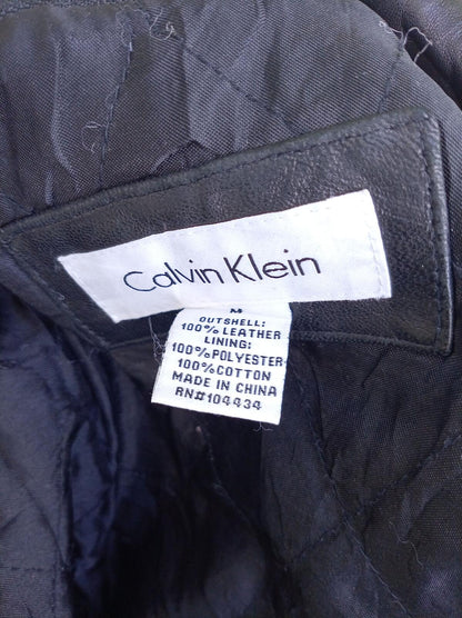 Calvin Klein Men's Black Leather Car Coat Jacket Size M Quilted 3/4 Length
