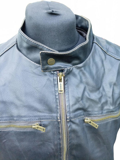 GUESS Men's Faux Leather Moto Jacket Dark Brown Cafe Racer Size XL Extra Large