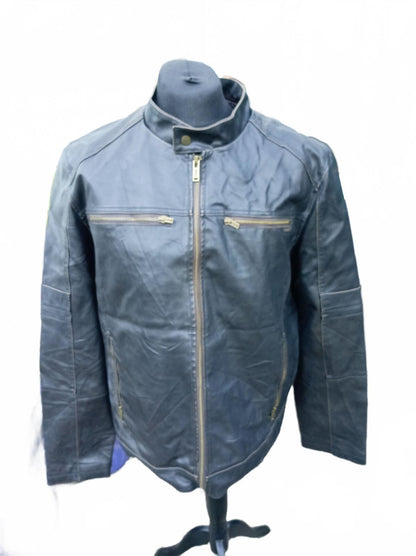 GUESS Men's Faux Leather Moto Jacket Dark Brown Cafe Racer Size XL Extra Large