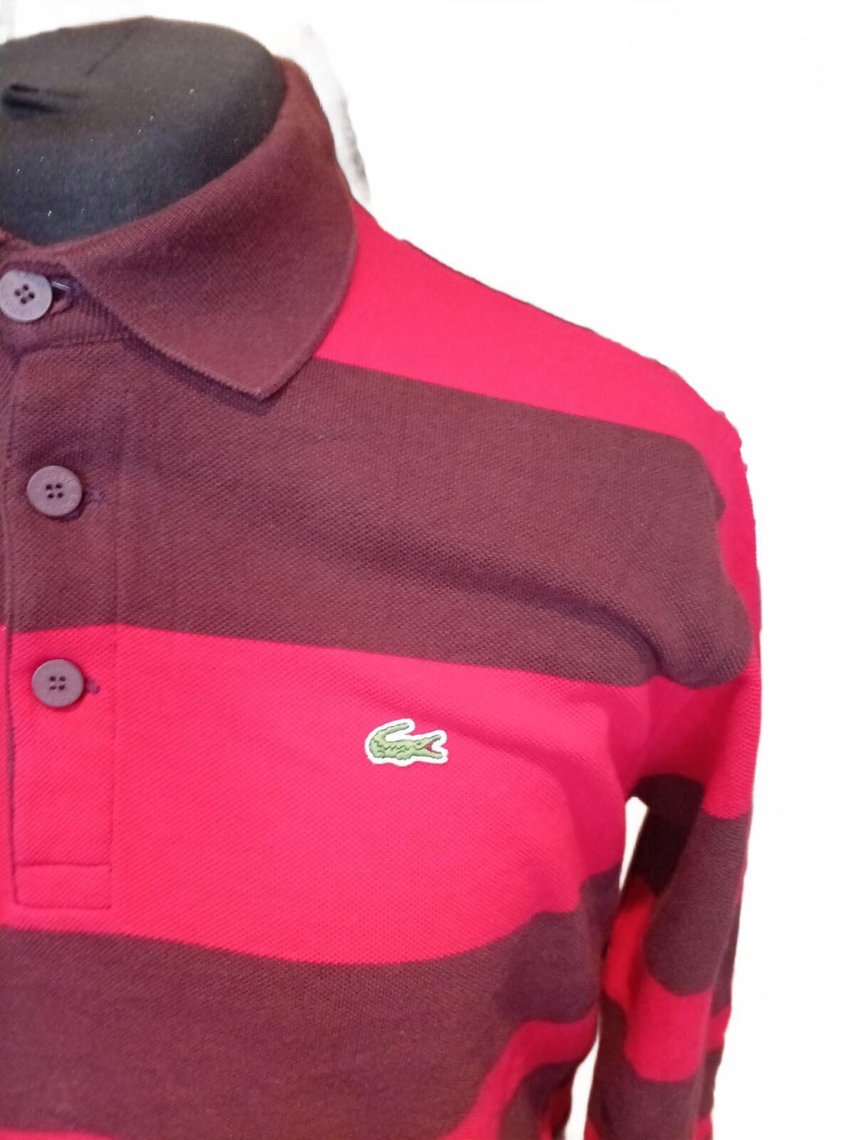 Lacoste Men's Long Sleeve Striped Polo Shirt Burgundy Red - Small