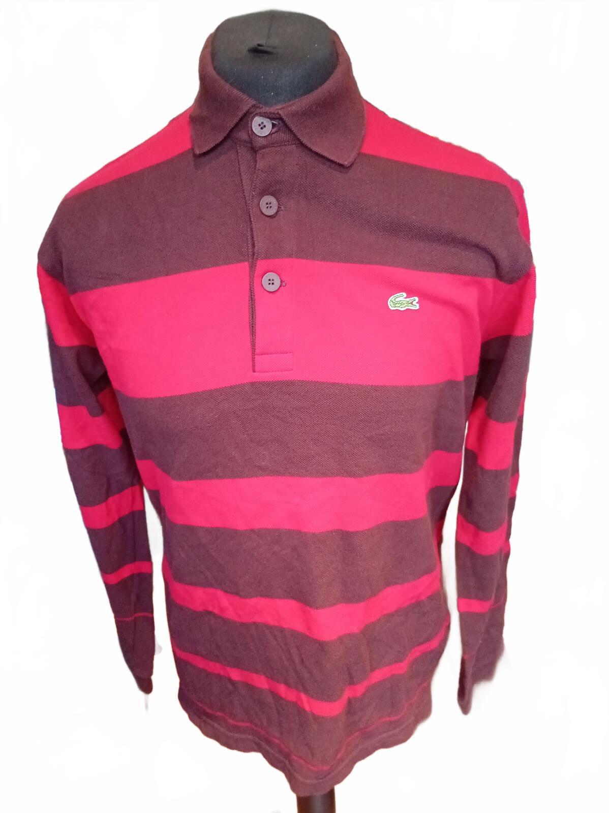 Lacoste Men's Long Sleeve Striped Polo Shirt Burgundy Red - Small