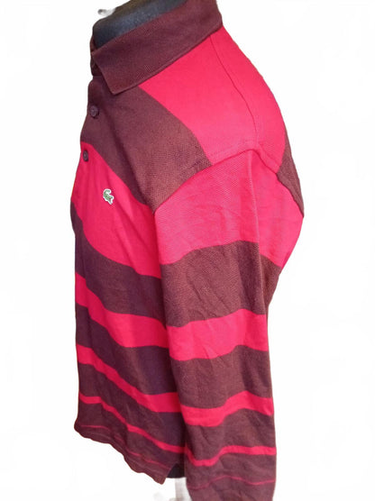 Lacoste Men's Long Sleeve Striped Polo Shirt Burgundy Red - Small