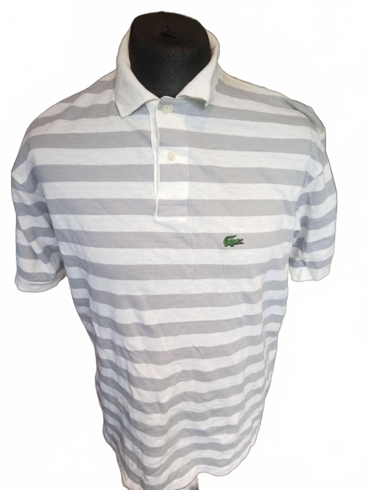 Vintage IZOD Lacoste Men's XL Short Sleeve Striped Polo Shirt White Grey - 1980s