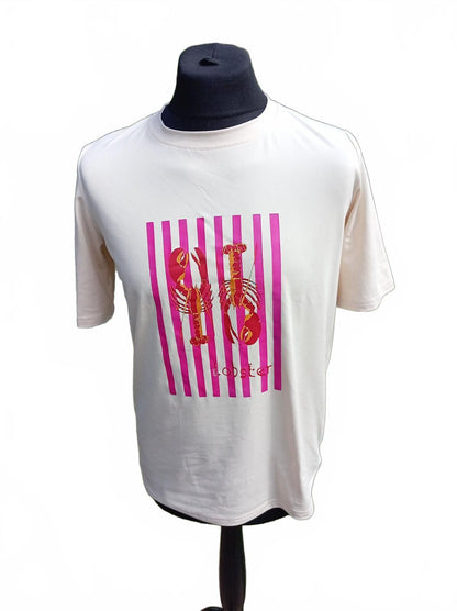 Unisex White Graphic T-Shirt Lobster Print Pink Stripe Design - Medium