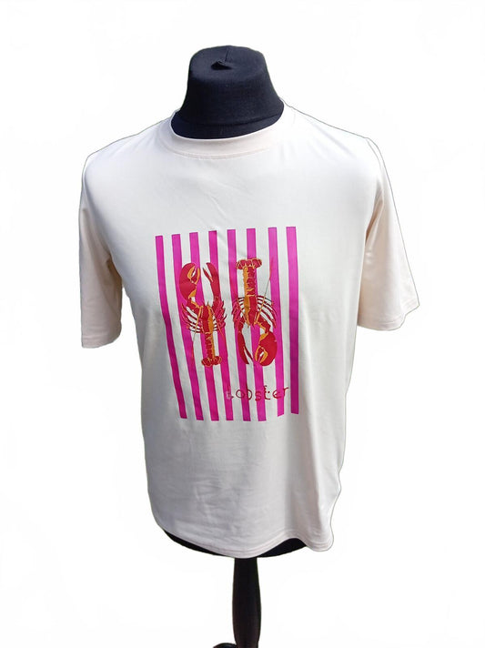 Unisex White Graphic T-Shirt Lobster Print Pink Stripe Design - Medium