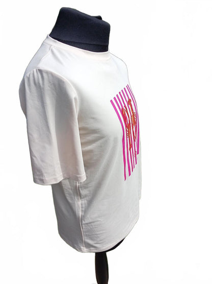 Unisex White Graphic T-Shirt Lobster Print Pink Stripe Design - Medium