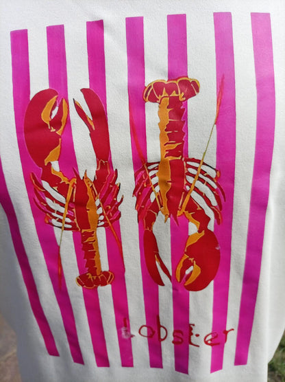 Unisex White Graphic T-Shirt Lobster Print Pink Stripe Design - Medium