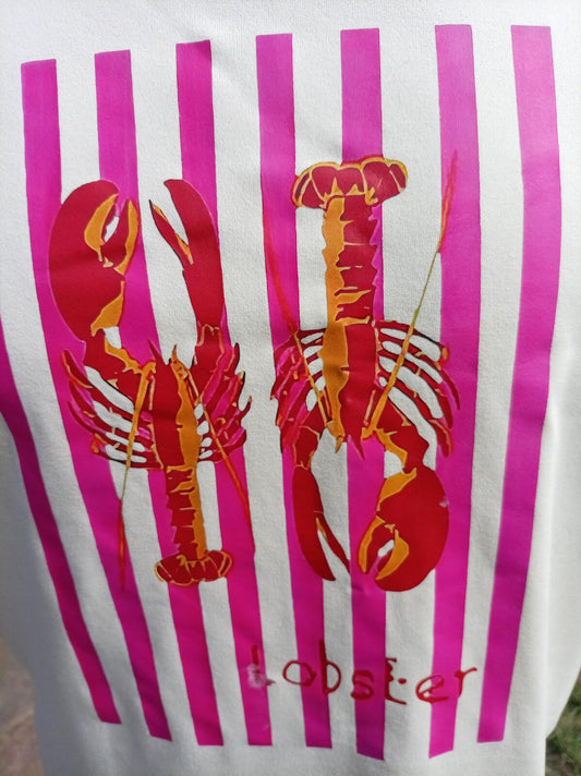 Unisex White Graphic T-Shirt Lobster Print Pink Stripe Design - Medium
