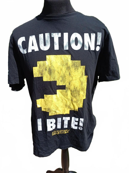 Pac-Man Retro Gaming Graphic T-Shirt Large Black Caution I Bite Tee