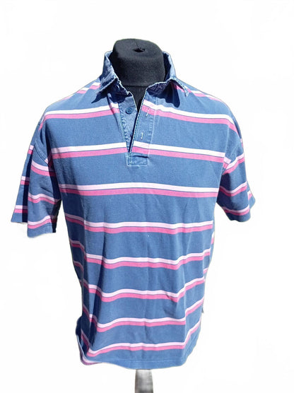 Men's Blue Pink Stripe Short Sleeve Polo Shirt with Denim Collar - Medium M&S