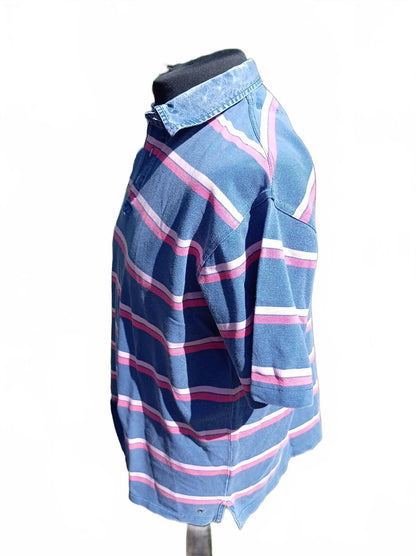 Men's Blue Pink Stripe Short Sleeve Polo Shirt with Denim Collar - Medium M&S