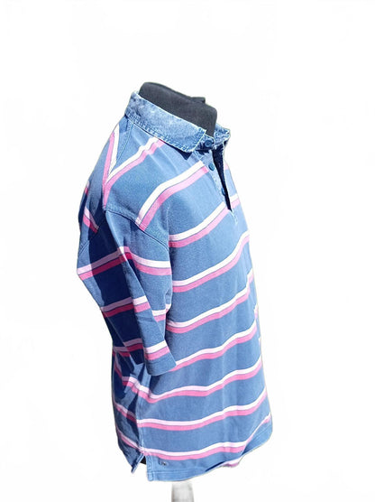 Men's Blue Pink Stripe Short Sleeve Polo Shirt with Denim Collar - Medium M&S