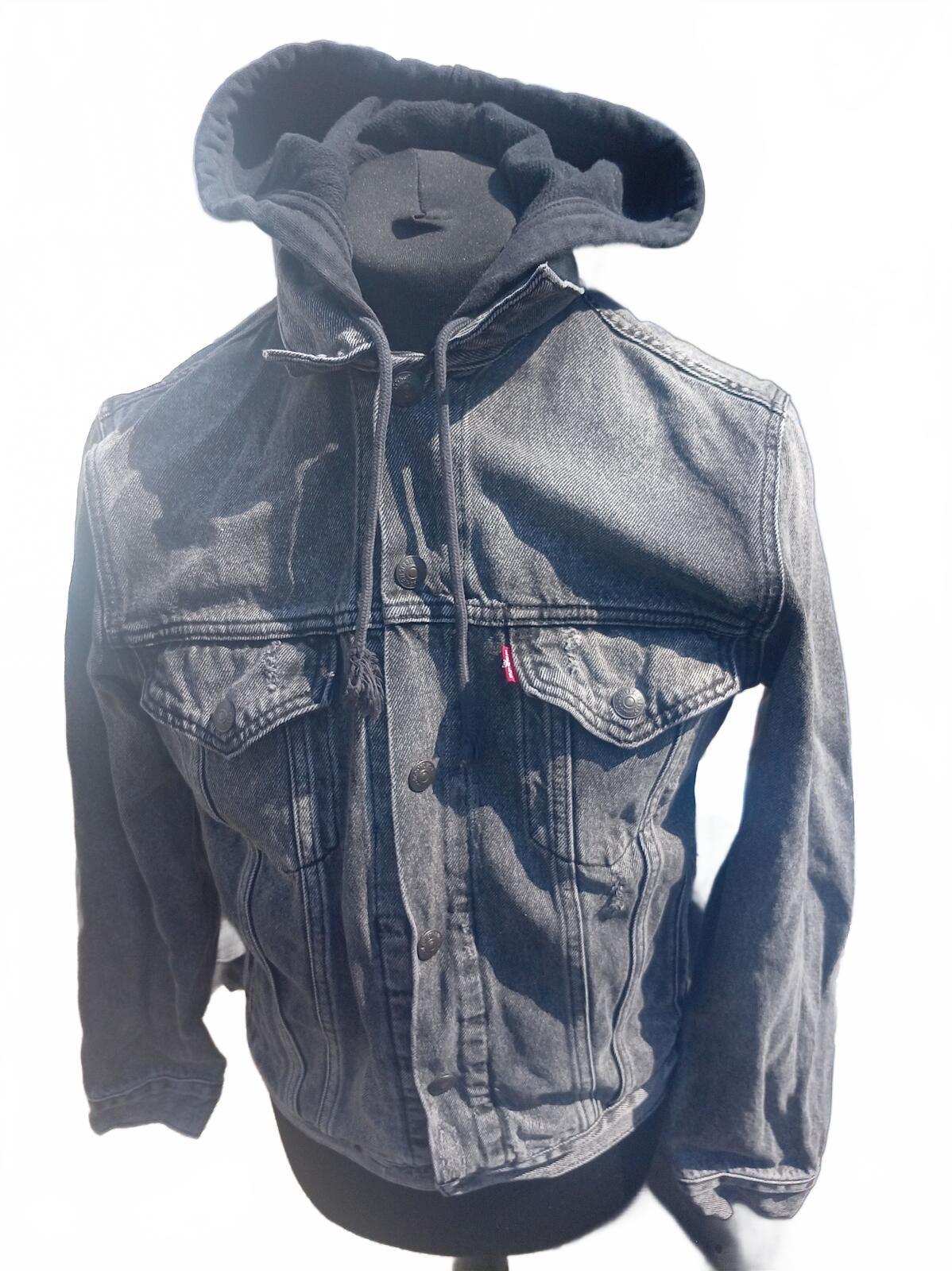 Levi's Men's Hooded Denim Trucker Jacket Small Black Grey Jams A8434 - P2P 19"