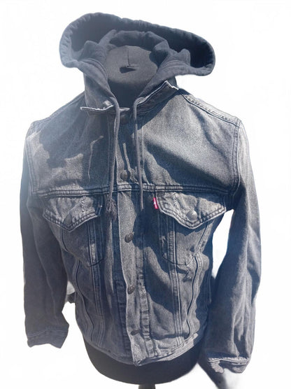 Levi's Men's Hooded Denim Trucker Jacket Small Black Grey Jams A8434 - P2P 19"