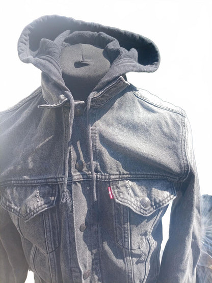 Levi's Men's Hooded Denim Trucker Jacket Small Black Grey Jams A8434 - P2P 19"