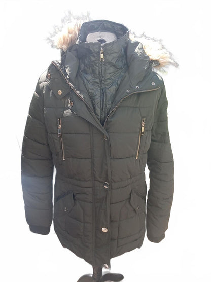GUESS Black Quilted Hooded Faux Fur Trim Parka Coat - XL