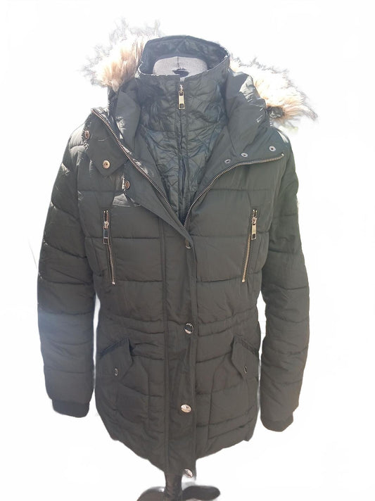 GUESS Black Quilted Hooded Faux Fur Trim Parka Coat - XL