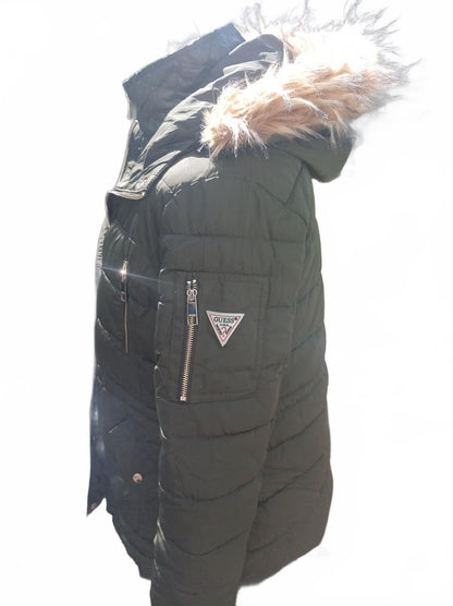 GUESS Black Quilted Hooded Faux Fur Trim Parka Coat - XL