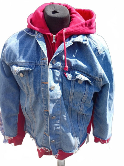 Levi's Ex-Boyfriend Hooded Denim Trucker Jacket Women's XL Red Hoodie 72737