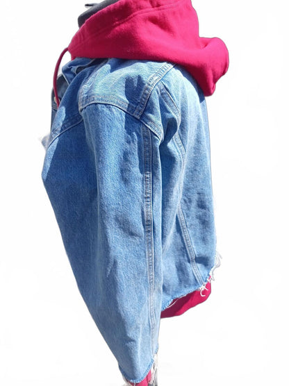 Levi's Ex-Boyfriend Hooded Denim Trucker Jacket Women's XL Red Hoodie 72737