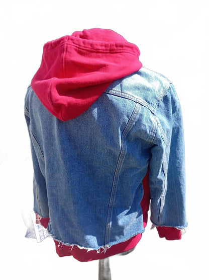 Levi's Ex-Boyfriend Hooded Denim Trucker Jacket Women's XL Red Hoodie 72737