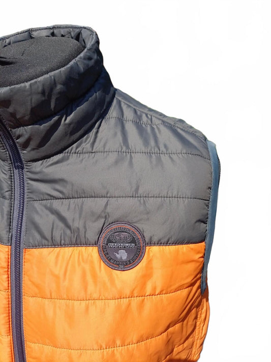 Napapijri Men's Aerons Puffer Gilet Large L Slim Fit Orange Charcoal 21" P2P